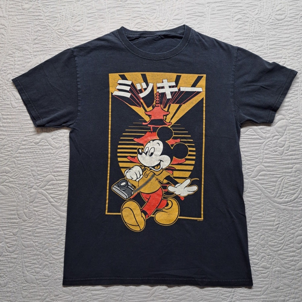 Disney Mickey Mouse Graphic T-Shirt Mens Small Navy Blue Good Japan Camera Tee
